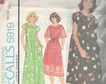 McCalls 5919 Misses Pullover Caftan Muu Muu Dress Pattern Petal or Flutter Sleeve Womens Vintage Sewing Pattern Size Small Or Petite