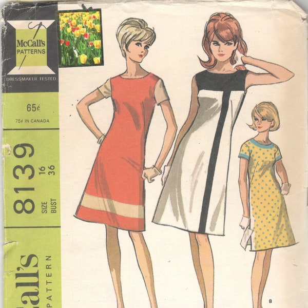 1960s McCalls 8139 Mondrian A Line Dress Pattern Mod Color Blocked  Womens Vintage Sewing Pattern Size 14 Bust 34