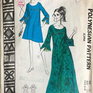May include: Vintage sewing pattern featuring illustrations of two women wearing dresses. The pattern includes a blue mini dress and a green floral maxi dress. The text on the pattern reads "Polynesian Pattern" and "Ilima".