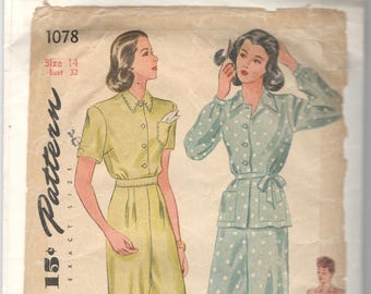 Simplicity 1078 1940s Misses Pajamas Pattern Tucked Trousers and Top Womens Vintage Sleepwear Sewing Size 14 Bust 32 OR 12 Bust 30