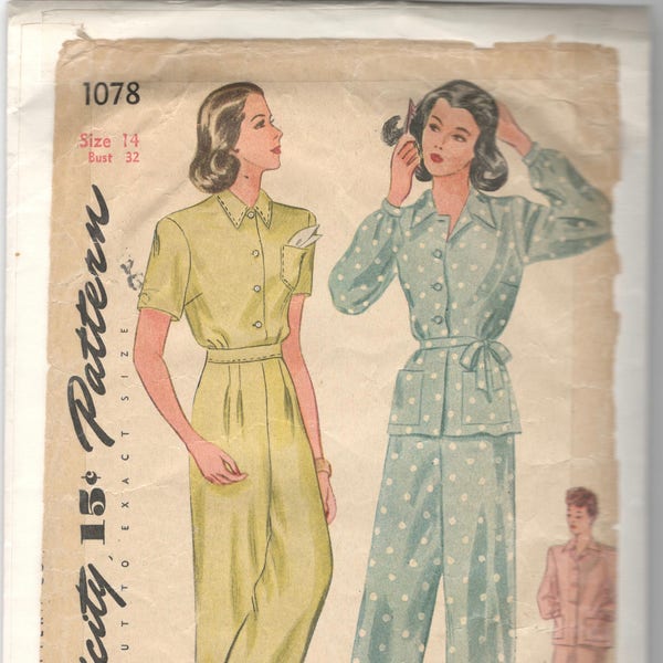 Simplicity 1078 1940s Misses Pajamas Pattern Tucked Trousers and Top Womens Vintage Sleepwear Sewing Size 14 Bust 32 OR 12 Bust 30