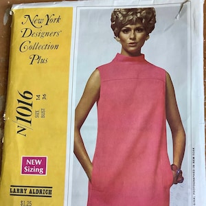 McCalls 1016 1960s Misses Mod  Dress Pattern Roll Collar New York Collection LARRY ALDRICH Womens Vintage Sewing Pattern Size 14 Bust 36