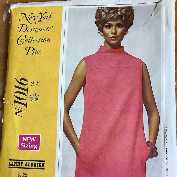 McCalls 1016 1960s Misses Mod  Dress Pattern Roll Collar New York Collection LARRY ALDRICH Womens Vintage Sewing Pattern Size 14 Bust 36