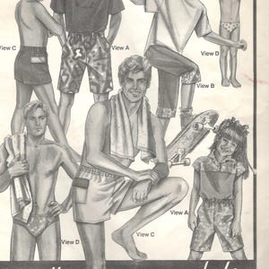May include: Black and white illustration of a swim trunks pattern. The image shows various swim trunks styles for children and men, with size information. The text "swim trunks" is at the top.