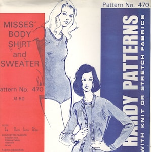 May include: A vintage sewing pattern for a women's body shirt and sweater. The pattern is for sizes 6-8, 10-12, 14-16, and 18-20. The pattern is for use with knit or stretch fabrics. The pattern is from Jean Hardy Patterns, 1973.