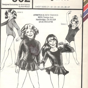 May include: A sewing pattern for a leotard and skating dress. The pattern includes four different views, each with a different style of dress. The pattern is designed for knit fabrics and is available in sizes 21-27.