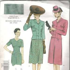Vintage 1940s Design Vogue 2636 Misses Dress and Jacket Pattern Shaped Midriff Womens Sewing Pattern Size 6 8 10 Bust  30 31 32 UNCUT