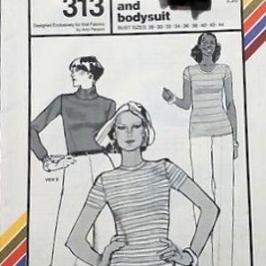 May include: Stretch & Sew sewing pattern number 313 for a fitted t-shirt and bodysuit. The pattern includes three views: a long-sleeved turtleneck, a short-sleeved t-shirt, and a bodysuit. The pattern is designed for sizes 32 to 42.