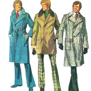 May include: Three double-breasted coats in blue, tan, and a grey patterned fabric. The blue coat features a matching belt, while the tan coat has a dark collar and is paired with plaid trousers. The grey coat has a textured finish and dark gloves.