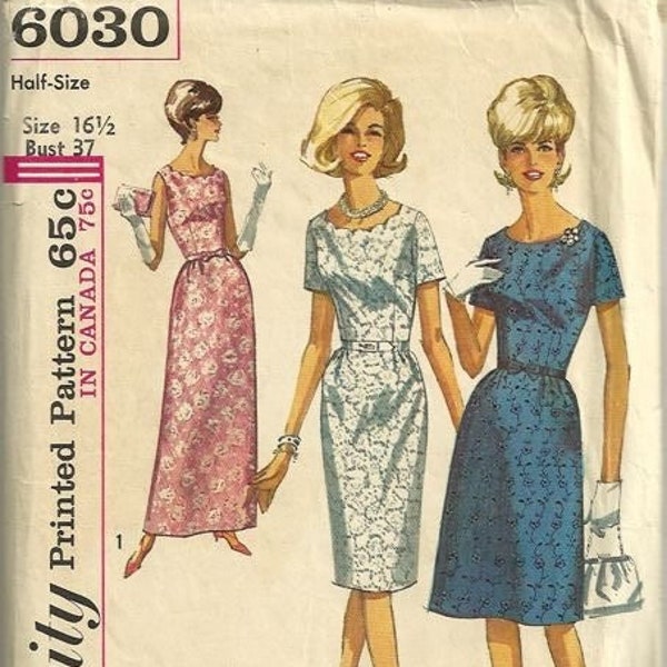 Simplicity 6030 1960s Half Size Evening Dress Pattern Sheath Scalloped Neckline  Womens Vintage Sewing Pattern Size 16 1/2 Bust 37