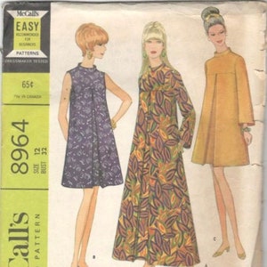 McCalls 8964 1960s Misses Mod Robe Dress Pattern Bell Sleeves Staning Collar Inverted Pleat Womens Vintage Sewing Pattern Size 12 Bust 32