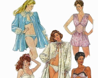 Simplicity 8975 1980s Misses Lingerie Robe Midriff Teddy Bras and Panties Pattern Womens Vintage Sewing Size 8 Or 14 Or 6 UNCUT