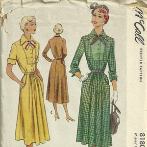 1950s Mccall 8180 Misses Shirtwaist Dress Pattern Flared Skirt Wing ...