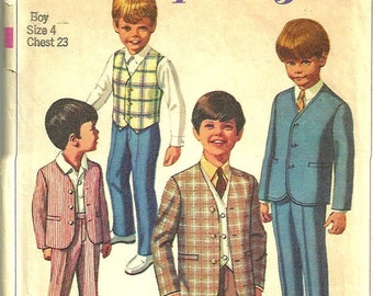 Simplicity 8116 1960s Boys MOD Beatnik Beatles Style Suit Jacket Pants Vest Pattern Toddlers Childs Vintage Sewing Pattern Size 4