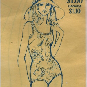 May include: A vintage illustration of a woman in a swimsuit and sun hat. The blue line art depicts a one-piece swimsuit with floral and abstract designs. The image includes the text "U.S.A. $1.00 CANADA $1.10".