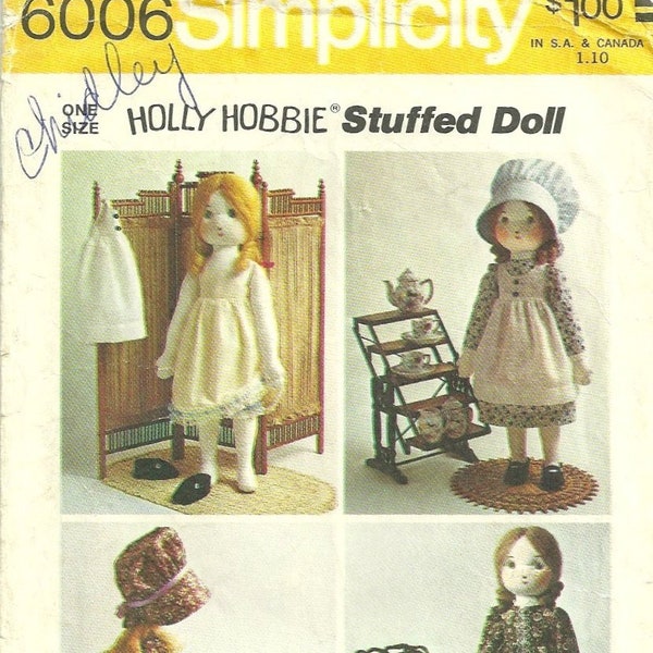 Simplicity 6006 1970s Holly Hobbie Dolll and Doll Clothes Pattern Dress Bonnet Pinafore Bloomers Shoes Slip Vintage Sewing Pattern