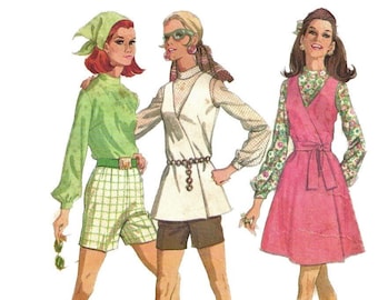 McCalls 9768 1960s Easy Front V Neck Wrap Jumper Top Blouse and Shorts Pattern Womens Vintage Sewing Pattern Size 10 Bust 32