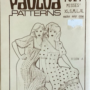 May include: A vintage sewing pattern for a polka dot dress with a ruffled hem. The pattern is for misses sizes XS, S, M, L, and XL. The pattern number is 1027. The pattern is from Pauloa Patterns.