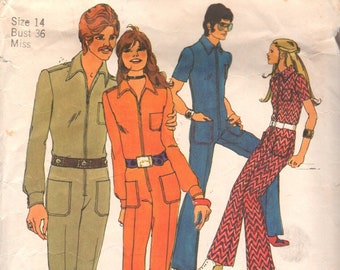 1970s Simplicity 9596 Misses Groovy JUMPSUIT Pattern for Knits Womens Vintage Sewing Pattern Size 14 Bust 36