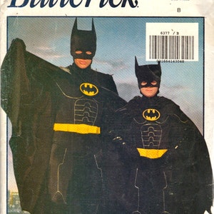 Butterick 6377 Boys BATMAN Costume Pattern Childs Super Hero BATMAN RETURNS Sewing Pattern Jumpsuit Cape Hood S M L Chest 26 28 image 1