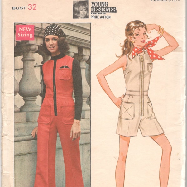 1960er Jahre Butterick 5617 Junior Zip Front Strampler JUMPSUIT Muster Cut Away Armlöcher Prue Acton Womens Vintage Schnittmuster Größe 9 Büste 32