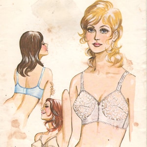 May include: A vintage sewing pattern for a bra, featuring a line drawing of a woman wearing a white lace bra. The pattern is labeled "Kwik-Sew" and "Pattern 218". The pattern is for sizes 34A, 34B, 34C, and 34D.