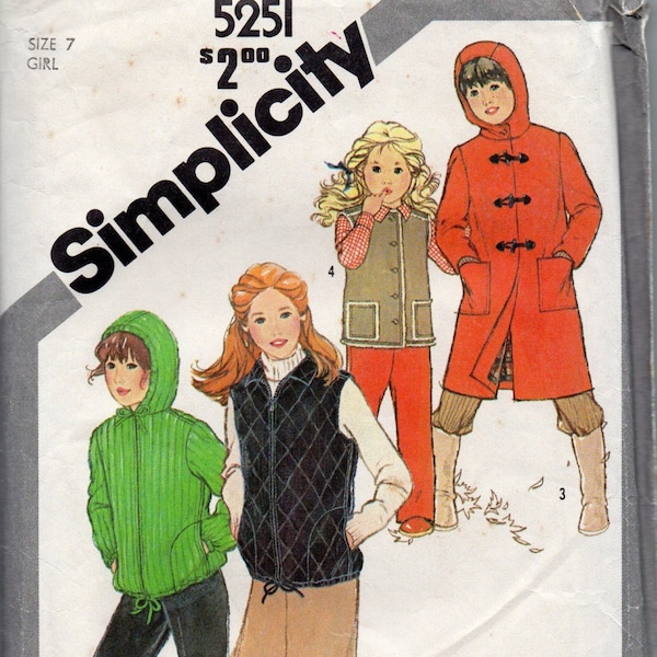 Simplicity 5251 1980s Girls Coat Jacket and Vest  Pattern Childs Vintage Sewing Pattern Size 10 Breast 28 OR Size 8 Breast 27 UNCUT