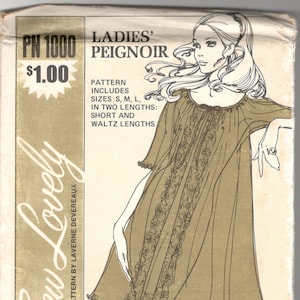 May include: A vintage sewing pattern for a ladies' peignoir, featuring a line drawing of a woman wearing the garment. The pattern includes sizes S, M, L, and comes in two lengths: short and waltz. The pattern is priced at $1.00.