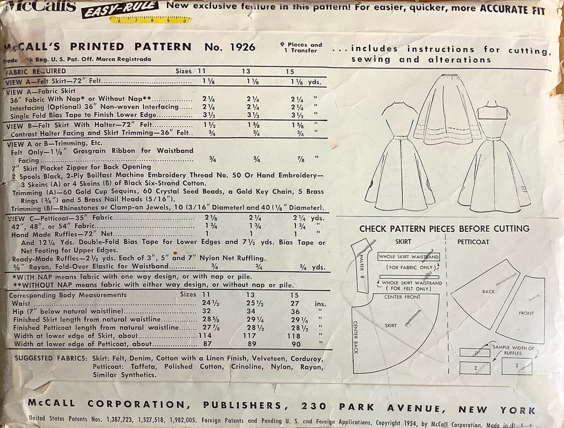 Mccalls 1926 1950s Junior Half Circle Skirt and Crinoline Petticoat ...