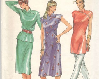 Butterick 3133 1980s Misses Oriental Dress Tunic Top A Line Skirt Pattern Asymmetrical Womens Vintage Sewing Pattern Size 10 Bust 32 UNCUT