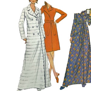 May include: A sewing pattern for three different styles of long robes. The first robe is white with a double-breasted closure. The second robe is orange with a sash tie. The third robe is blue with a floral pattern.