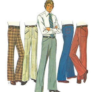 Könnte beinhalten: Illustration eines Mannes in weißem Hemd und Krawatte, umgeben von Zeichnungen von Schlaghosen in verschiedenen Farben und Mustern. Die Hosen umfassen karierte, beige, blaue und rostfarbene Optionen, die einen Retro-Modestil zeigen.