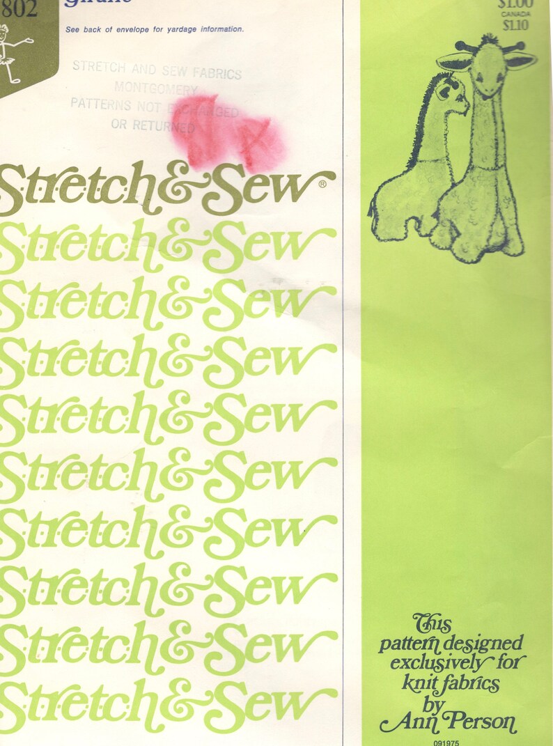 May include: A vintage sewing pattern featuring two giraffes in a green and white color scheme. The pattern is titled "Stretch & Sew" and is designed exclusively for knit fabrics by Ann Person. The pattern number is 091975.