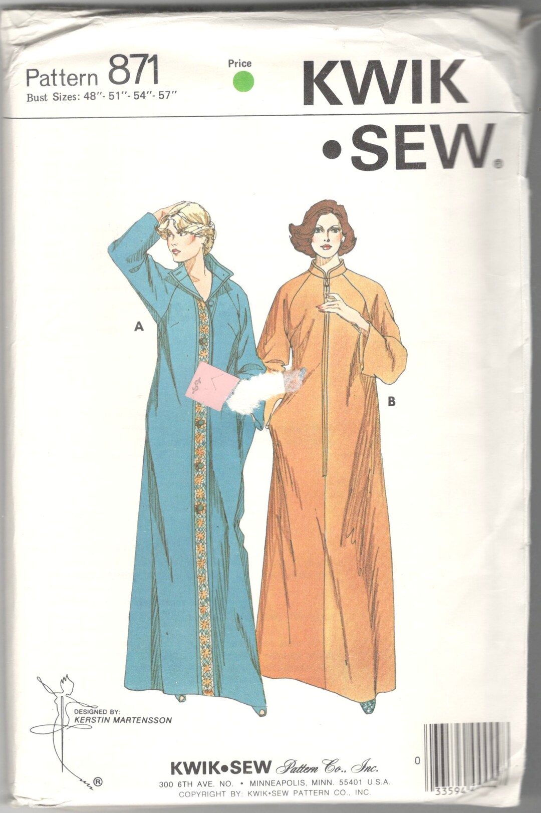 Kwik Sew 871 1970s Womens Ankle Length ROBE Pattern Raglan Sleeve ...