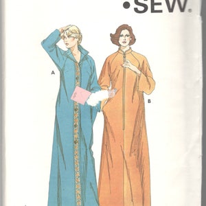 May include: Kwik Sew pattern 871 showing two long robes. One robe is light blue with floral trim and the other is orange. The bust sizes are 122 cm, 130 cm, 137 cm, and 145 cm.