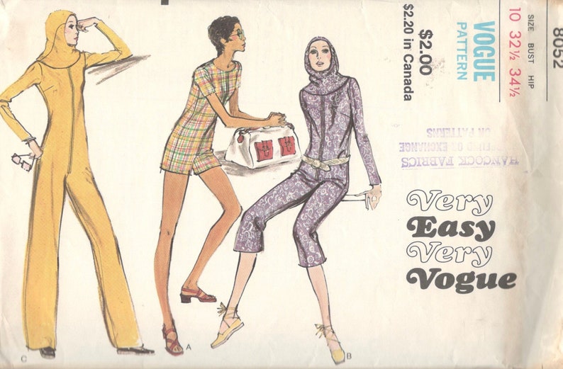 1970s Vogue 8052 Zip Front JUMPSUIT and Hood for Knits Pattern Romper Very Easy Space Age Womens Vintage Sewing Pattern Size 10 Or 8 Or 12 image 1