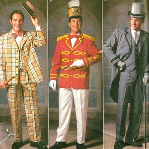 May include: Three men wearing different costumes. The man on the left is wearing a plaid suit with a brown hat. The man in the middle is wearing a red and gold uniform with a white hat. The man on the right is wearing a gray suit with a tall black top hat.