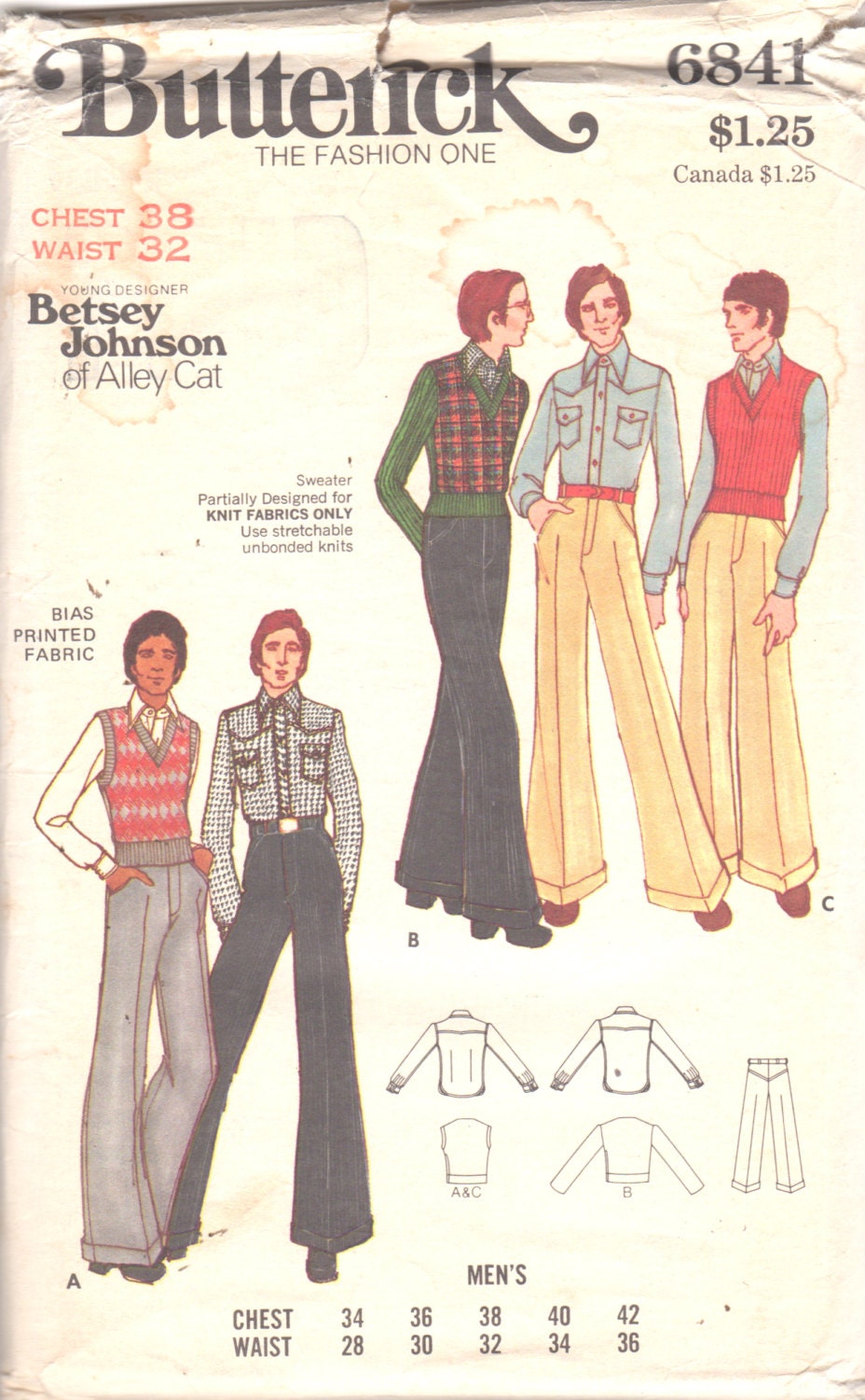 Butterick 6841 1970s Mens Vest for Knits Shirt and Cuffed - Etsy
