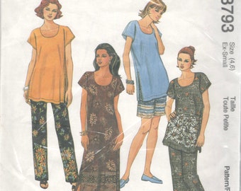 McCalls 8793 Modern Comfy Misses Easy Pull On Pants Shorts Pullover Dress Tunic Pattern Womens Sewing Pattern Size Extra Small   30 UNCUT