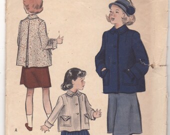 1950s Butterick 5196 Girls Shortie Coat Pattern Box Jacket Inverted Back Pleat Childs Vintage Sewing Pattern Size 6 Breast 24