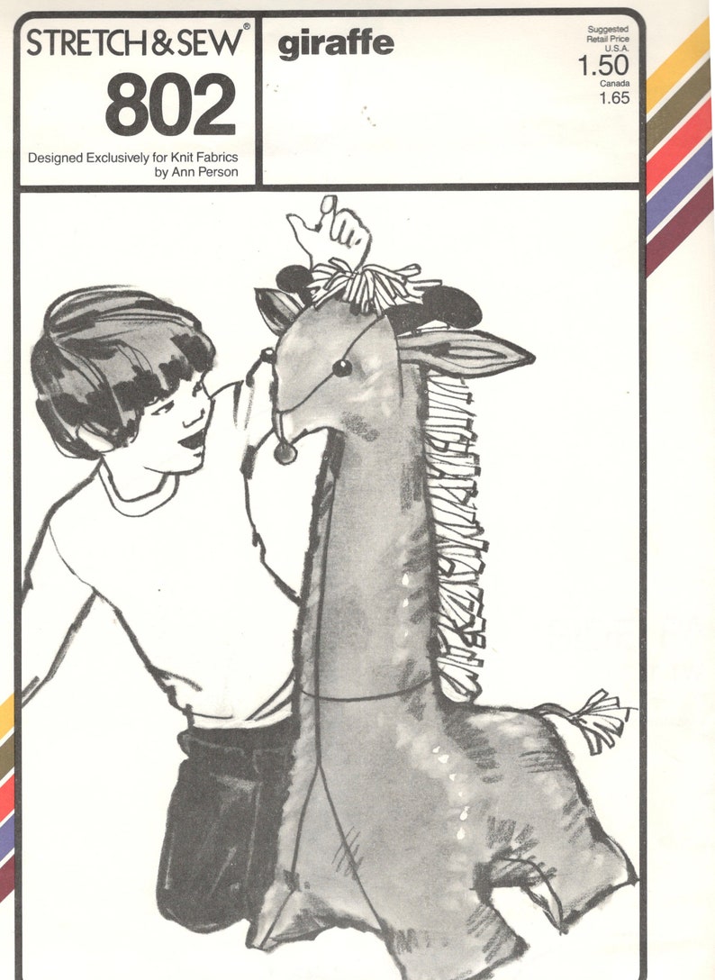 May include: A black and white illustration of a child holding a stuffed giraffe toy. The giraffe has a long neck with a fringe of hair and a long tail. The toy is designed to be made from knit fabric. The pattern is titled "giraffe" and has the number 802 on it.