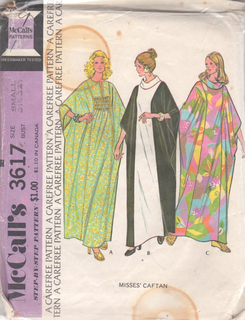McCalls 3617 1970s Misses Batwing CAFTAN Pattern Contrast Princess Seams Womens Vintage Sewing Size Sm B 31 32 Or Medium