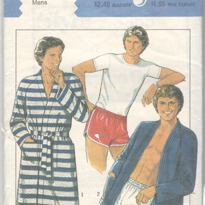May include: A sewing pattern for two different styles of men's robes. The first robe is a striped blue and white robe with a sash. The second robe is a solid blue robe with a white trim. The pattern is labelled "3359 Style" and includes instructions for sizes 34-36.