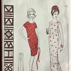 May include: Vintage sewing pattern for a Polynesian-inspired dress. The pattern is for a sleeveless dress with a floral print and a dress with short sleeves and a floral print. The pattern is from Musashiya and is number 143.