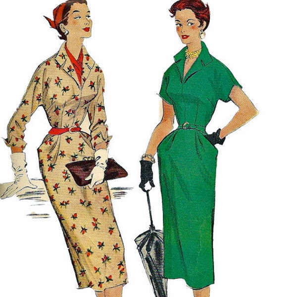 McCalls 9630 1950s Misses Kimono Sleeve Dress Pattern Contour Belt Scarf  Sheath Womens Vintage Sewing Pattern Size 14 Bust 32