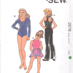 May include: Kwik Sew pattern 2678, showing illustrations of dancewear designs. The pattern includes a leotard, a top with flared trousers, and a skirted leotard. Sizes 4-5-6-7 are available. Designed by Kerstin Martensson.
