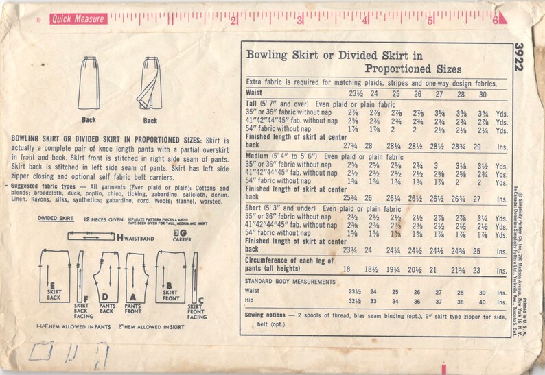 1960s Simplicity 3922 Misses Sporty Proportioned Pantskirt Pattern Golf Bowling Street Womens Vintage Sewing Waist 23 or 24 image 4