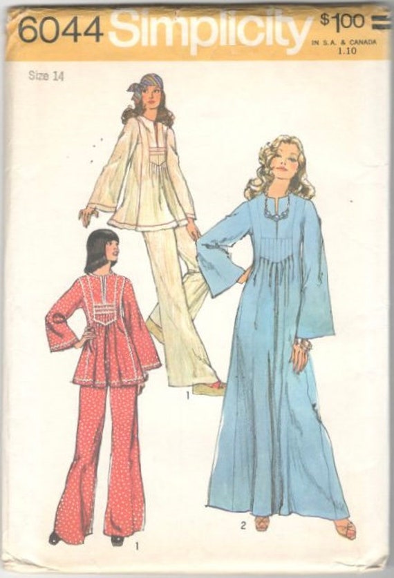 Simplicity 6044 1970s Misses Pullover Tucked Caftan Top and Pants