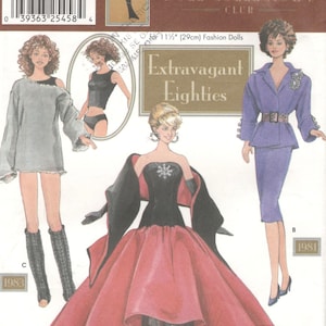May include: Simplicity Doll Collector's Club pattern featuring designs from the Extravagant Eighties. The cover shows illustrations of fashion doll outfits, including a red and black ball gown, a purple suit, and a gray dress with leg warmers. The pattern is for 11.5-inch dolls.