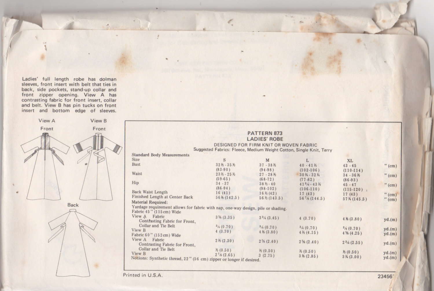 Kwik Sew 873 1970s Misses Ankle Length Zip Front ROBE Pattern